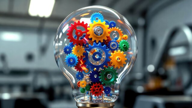 Innovative gears concept in a light bulb modern workshop graphic design industrial environment