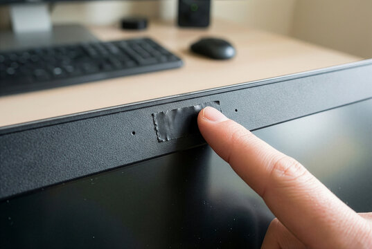 Close up of a person covering a laptop webcam with black tape for privacy and security