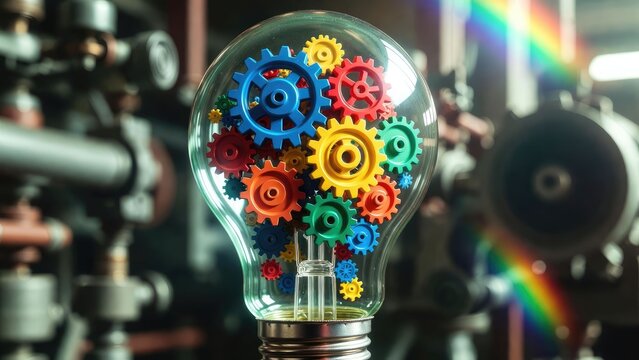 Innovative light bulb with colorful gears industrial setting creative concept eye-level view