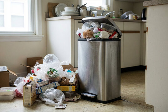 Overflowing stainless steel trash can surrounded by scattered garbage on a kitchen floor