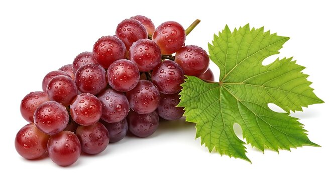 A bunch of red grapes with a green leaf
