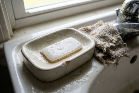 Wet bar of soap sitting in a cracked ceramic dish on a dirty sink next to a frayed washcloth