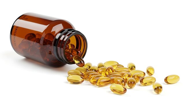 A bottle of yellow pills spilled on a white surface