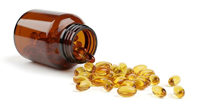 A bottle of yellow capsules spilled on a white surface