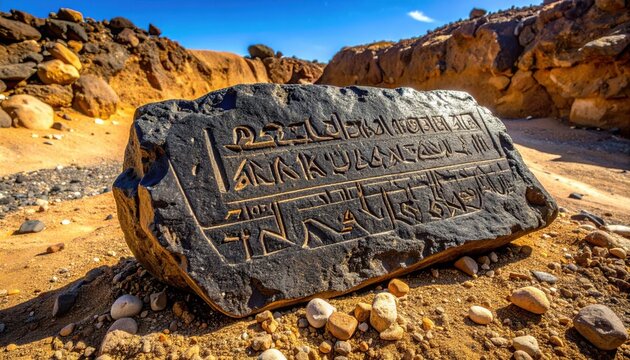 Ancient Phoenician script clearly incised into a dark volcanic rock slab in a desert landscape, showcasing historical writing.