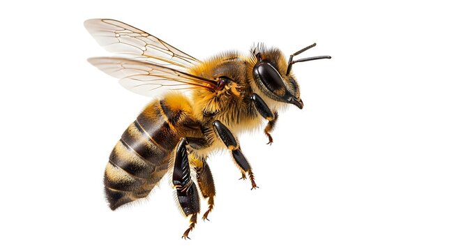 A close-up photo of a flying honey bee