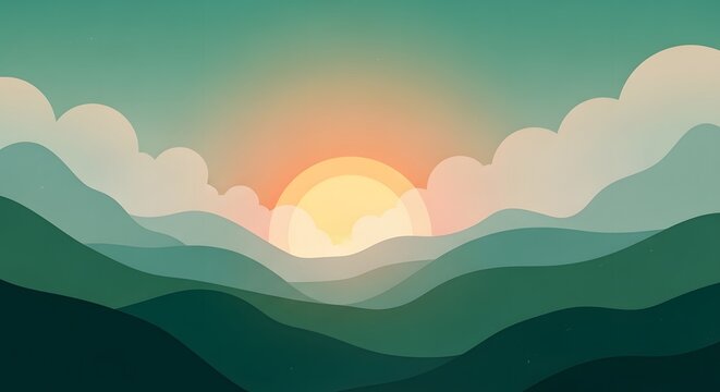 Minimalist mountain landscape at sunset. Nature background for meditation and calm. Sun glowing over rolling green hills and clouds