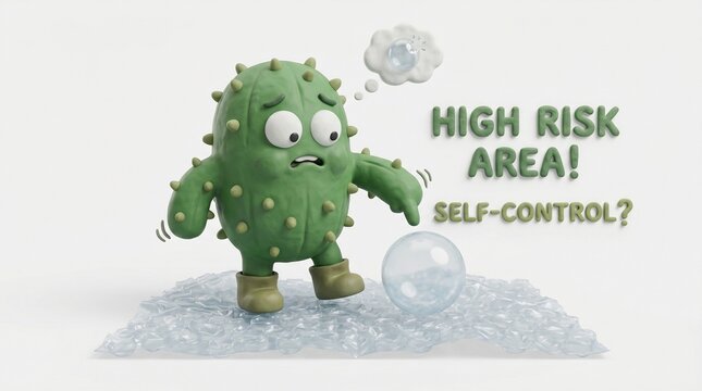Funny cactus character standing on bubble wrap