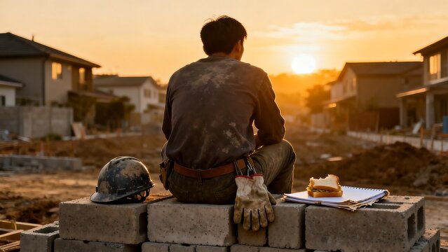 Exhausted Builder Sitting on Concrete Beams at Industrial Construction Site