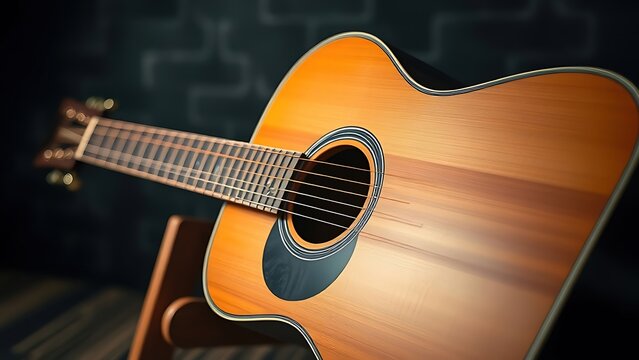 headstock. Acoustic guitar resting on a wooden stand, highlighting strings and soundhole with warm lighting. tutorial guides, club newsletters, designed for tourism and weekend activity guides.