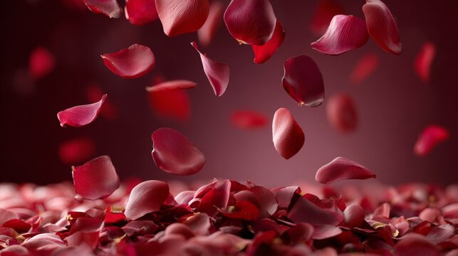 A cascade of rose petals floating gently against a soft red background.
