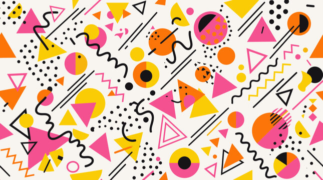 Retro 80s Memphis Style Pattern with Geometric Shapes, Triangles, Circles, and Wavy Lines