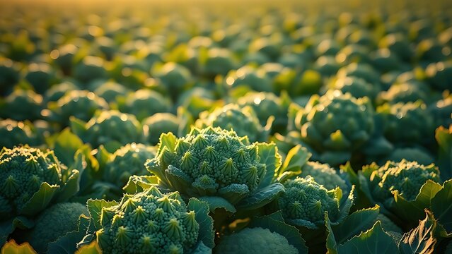 firmness. Vast field of green broccoli under soft morning sunlight with dew. gardening catalogs, home-decor guides, designed for home decor and floral branding, enhances decor appeal.
