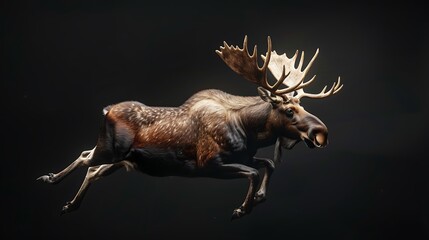 Fototapeta premium Majestic moose with large antlers leaps through the air, showcasing its powerful physique.