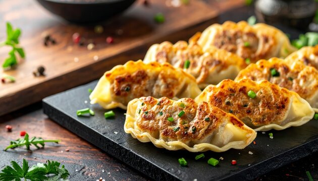 Golden Pan Fried Dumplings Filled With Savory Pork and Chives, Served on a Dark Plate.