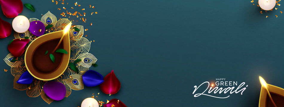Colorful diwali celebration with traditional diya lamp and decorative flowers for happy green diwali festival theme