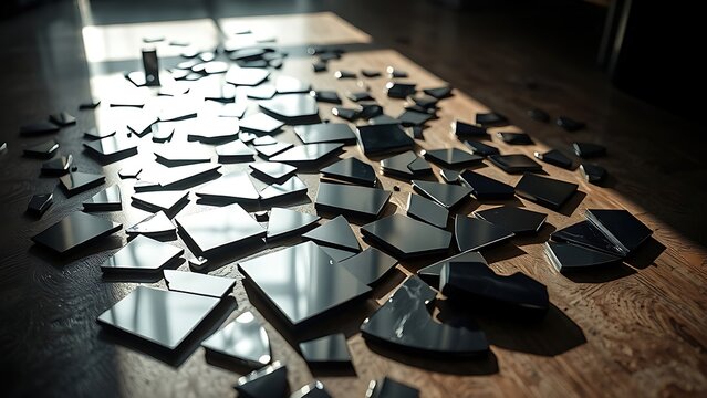 superego. Broken mirror pieces scattered on floor reflecting distorted surfaces. wellbeing guides, coaching materials, designed for coaching and self-improvement content, clarifies learning.