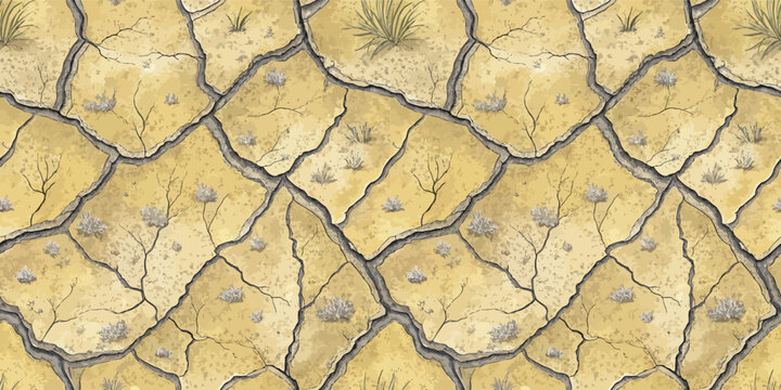 Cracked and weathered parched earth with subtle floral patterns and dried vegetation Vector