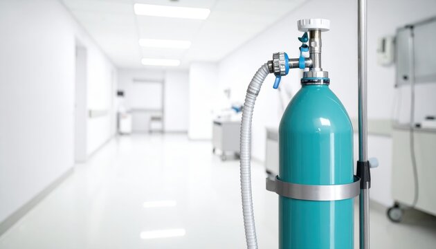 Turquoise Medical Oxygen Cylinder with Flow Meter and Cannula in a Bright, Modern Hospital Corridor.