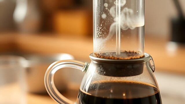 siphon. Glass siphon coffee maker with water rising through tube into upper chamber, steam, soft kitchen lighting. bar promotions, beverage menus, designed for product packaging and bar promotions.