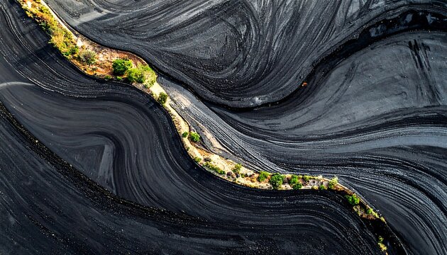 An aerial view showcases a stark landscape with black undulating patterns. A narrow strip of green vegetation winds its way through