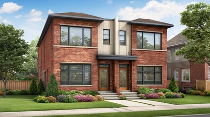 Fototapeta premium Modern two-story brick house with large windows and landscaped garden in a suburban neighborhood under a clear blue sky