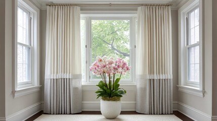 Fototapeta premium Elegant interior space featuring a large plant with pink flowers in a bright, well-lit room with white curtains