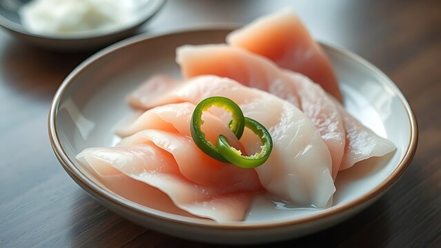hyperboloid. A ceramic plate with fresh sashimi slices, garnished with green chili rings, minimalist presentation. menu design.