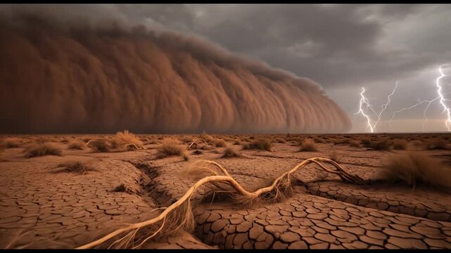 A colossal dust storm, illuminated by multiple lightning strikes, engulfs a parched desert, creating a breathtaking and ominous display of nature's formidable power and extreme weather conditions