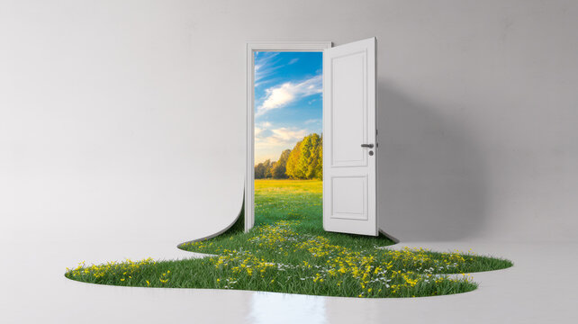 A white door opens to a beautiful natural landscape with green grass and wildflowers spilling into a clean white room
