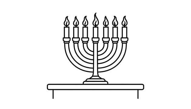 Outline icon of menorah with seven lit candles on a table, traditional Hanukkah symbol, religious holiday object, vector illustration.