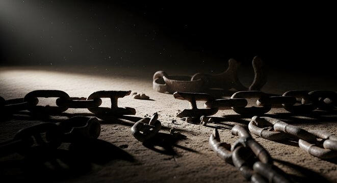 Old rusty broken chains and shackles lie on dusty ground in dramatic light