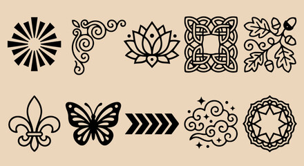 Assorted decorative ornaments and vector silhouettes for wedding invitations, logo design, and craft projects featuring botanical shapes, mystical celestial icons, traditional celtic patterns. © mariamcho