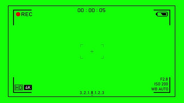 Professional Video Camera Viewfinder Overlay on Chroma Key Green Screen Background with Recording Interface Elements, Timecode, and Manual Settings for Video Editing
