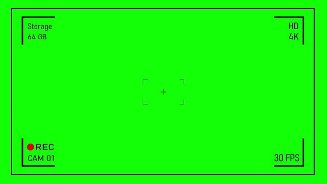 Professional Camera Viewfinder Overlay on Green Screen Chroma Key Background with 4K and 30 FPS HUD Elements for Video Production and Post-Production