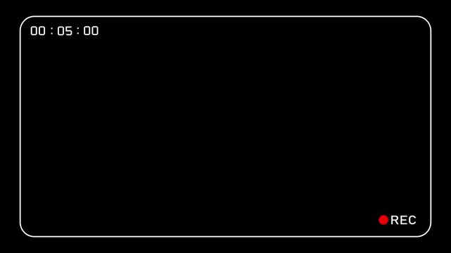 A digital camera recording interface overlay featuring a classic viewfinder frame, a time code display and a red REC indicator symbol on a solid black background.