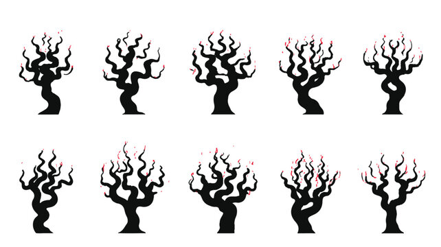 Silhouette Tree Pattern: A collection of stylized silhouettes showcases a pattern of twisted, leafless trees, creating a dark, ominous visual effect. 