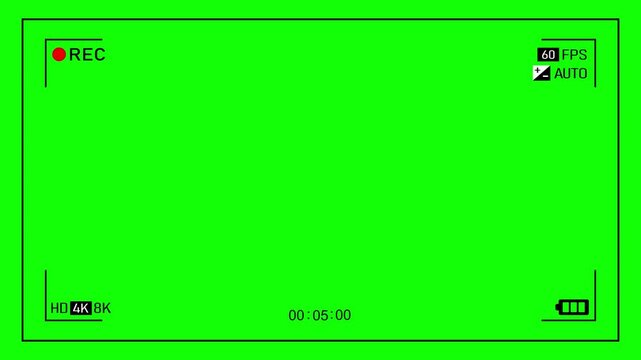 Camera recording screen interface with green screen background for chroma key, including video production UI elements like 4K 8K markers and battery status