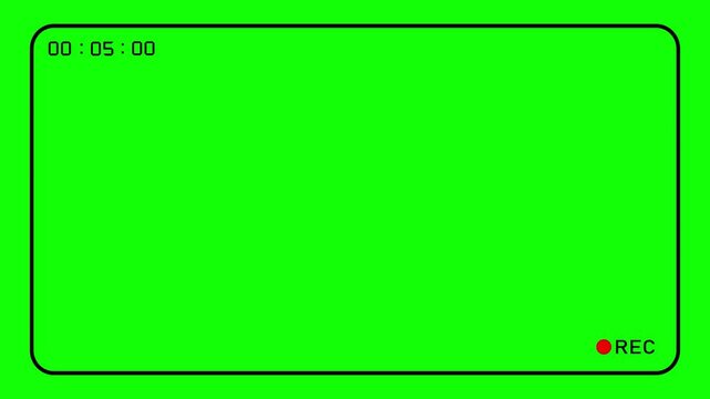 digital camera recording interface overlay featuring a green screen, a time counter, and a flashing red recording indicator, perfect for video production and editing compositions.