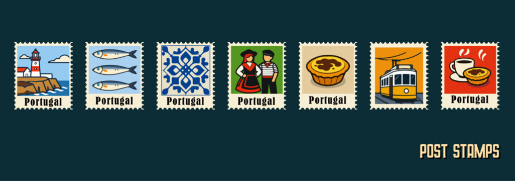 Collection of vintage style Portugal postage stamp illustrations featuring sardines, azulejo tiles, Lisbon yellow tram, pastel de nata, traditional folk costumes, coffee, and lighthouse and ect.