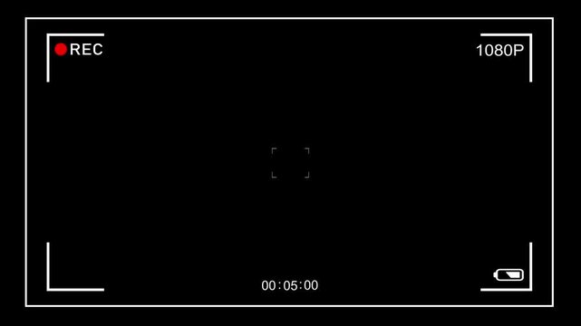 A digital camera recording viewfinder overlay on a black background, featuring a red REC indicator, battery icon, time counter, and 1080p resolution tag for video production interface design.