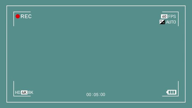 Camera viewfinder recording interface overlay on teal background with 4K, 8K, 60fps, and battery status icons for video production.