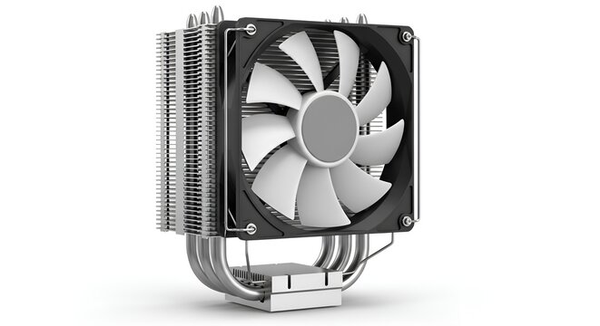 CPU cooler with fan and heat sink on white background