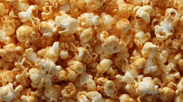 Caramel popcorn creating a sweet snack background texture pattern