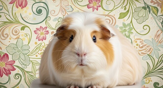 A fluffy guinea pig with brown and white fur sits calmly against a vibrant floral background.