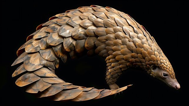 A scaly pangolin displays its protective armor against a dark backdrop.
