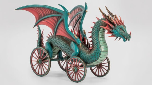 Fantasy dragon sculpture on wheels isolated on white background