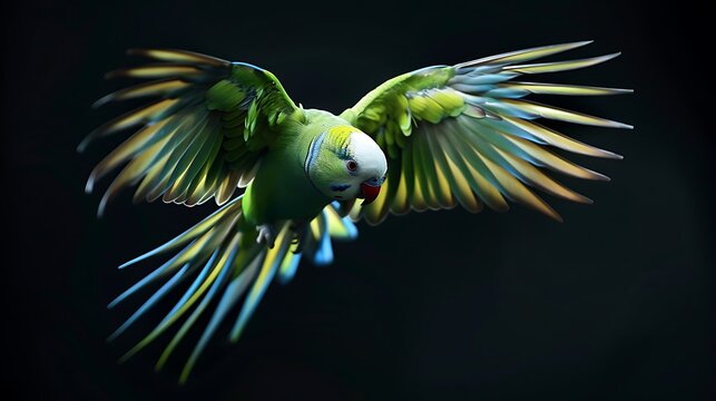 Quaker parrot with green and yellow plumage spreads its wings in flight against a deep dark background.