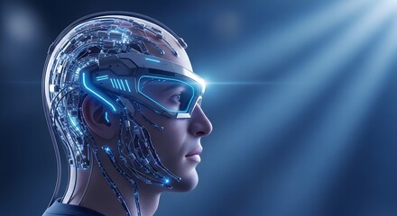 Obraz premium Futuristic man's head with glowing cybernetic visor and brain implants, tech concept
