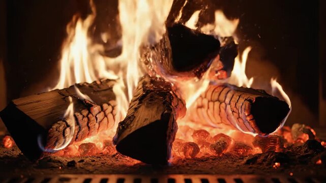 Api menyala di perapian dengan kayu bakar dan bara merah melambangkan kehangatan rumah serta kenyamanan musim dingin yang sinematik